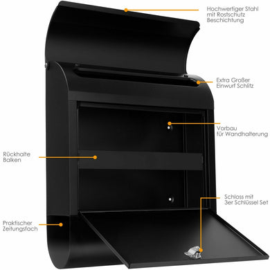 Extra super großer Edelstahl Briefkasten XXL Schwarz oder Edelstahl. 38 x 12 x 46 cm