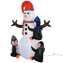Laden Sie das Bild in den Galerie-Viewer, Aufblasbarer Schneemann mit 3 Pinguinen, 180 cm mit LED-Beleuchtung. Weihnachten Deko Luftfigur