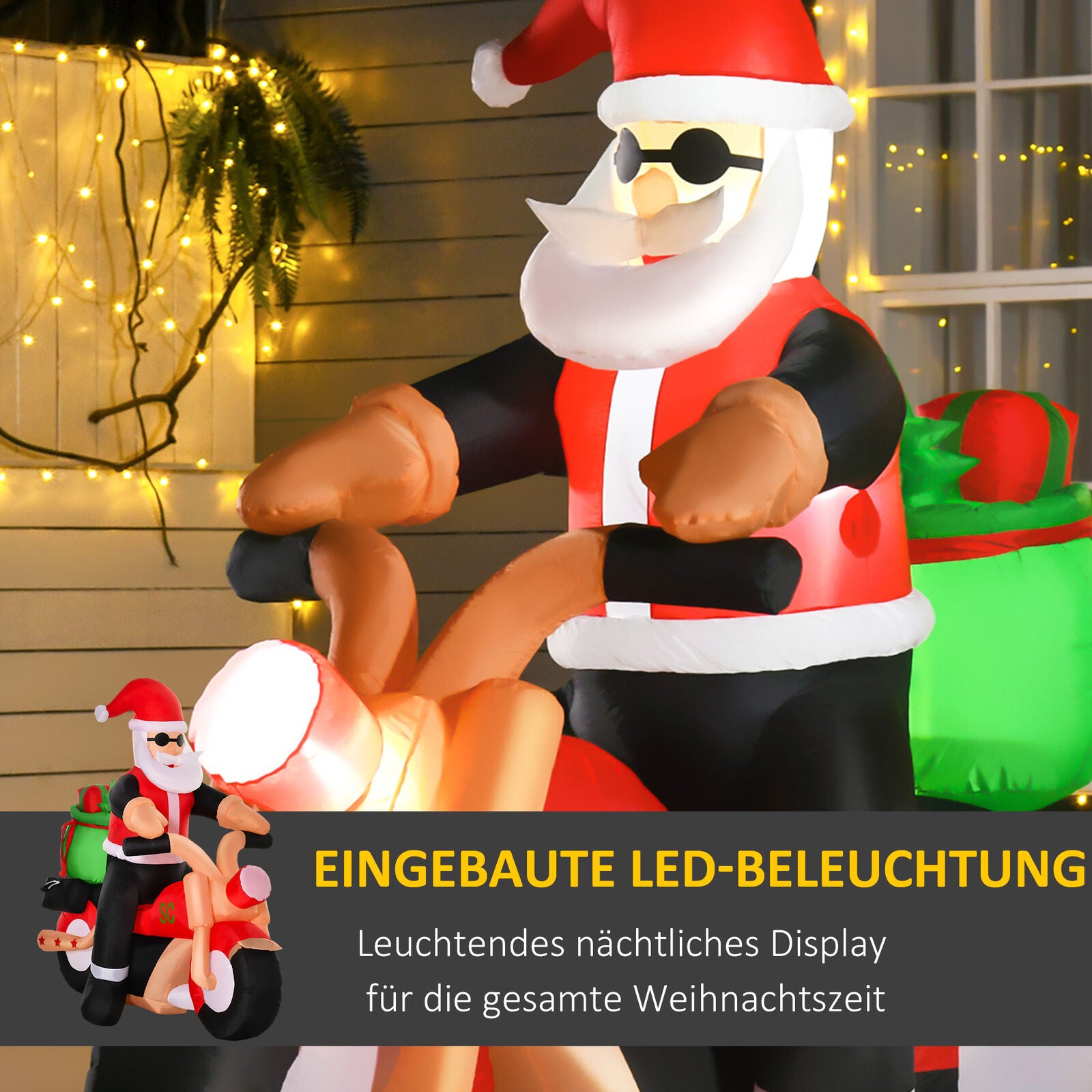 Aufblasbarer Weihnachtsmann auf Motorrad, 150 cm mit LED-Beleuchtung. – Premium Box GmbH