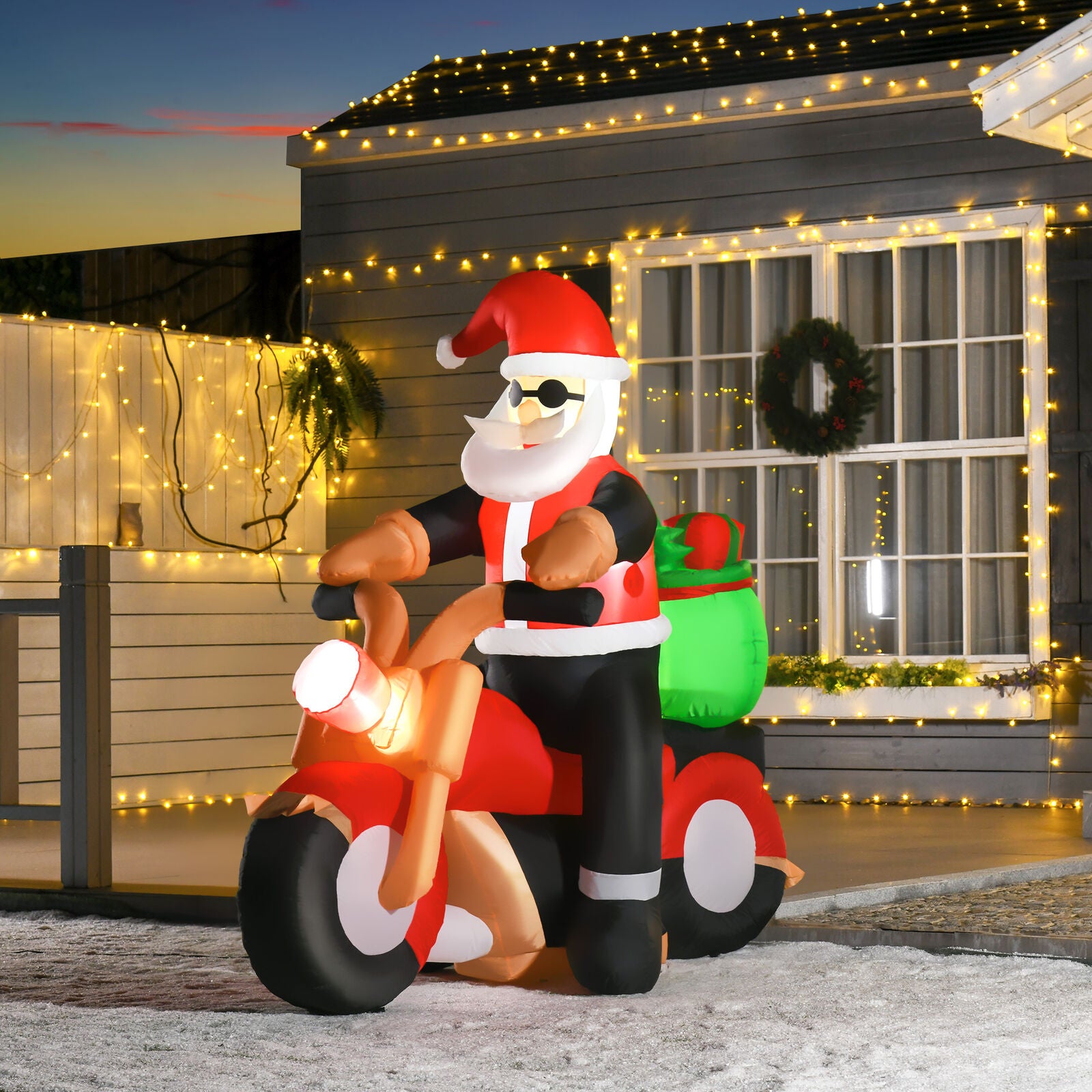 Aufblasbarer Weihnachtsmann auf Motorrad, 150 cm mit LED-Beleuchtung. – Premium Box GmbH