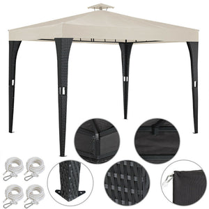 Luxus-Pavillon 3x3m aus robustem Polyrattan. Dauerhaft aufstellbar. UV-beständig. Schwarz oder Beige.
